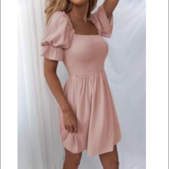 Shein Small Baby Pink Shirred Bodice Solid Dress - Picture 2 of 4